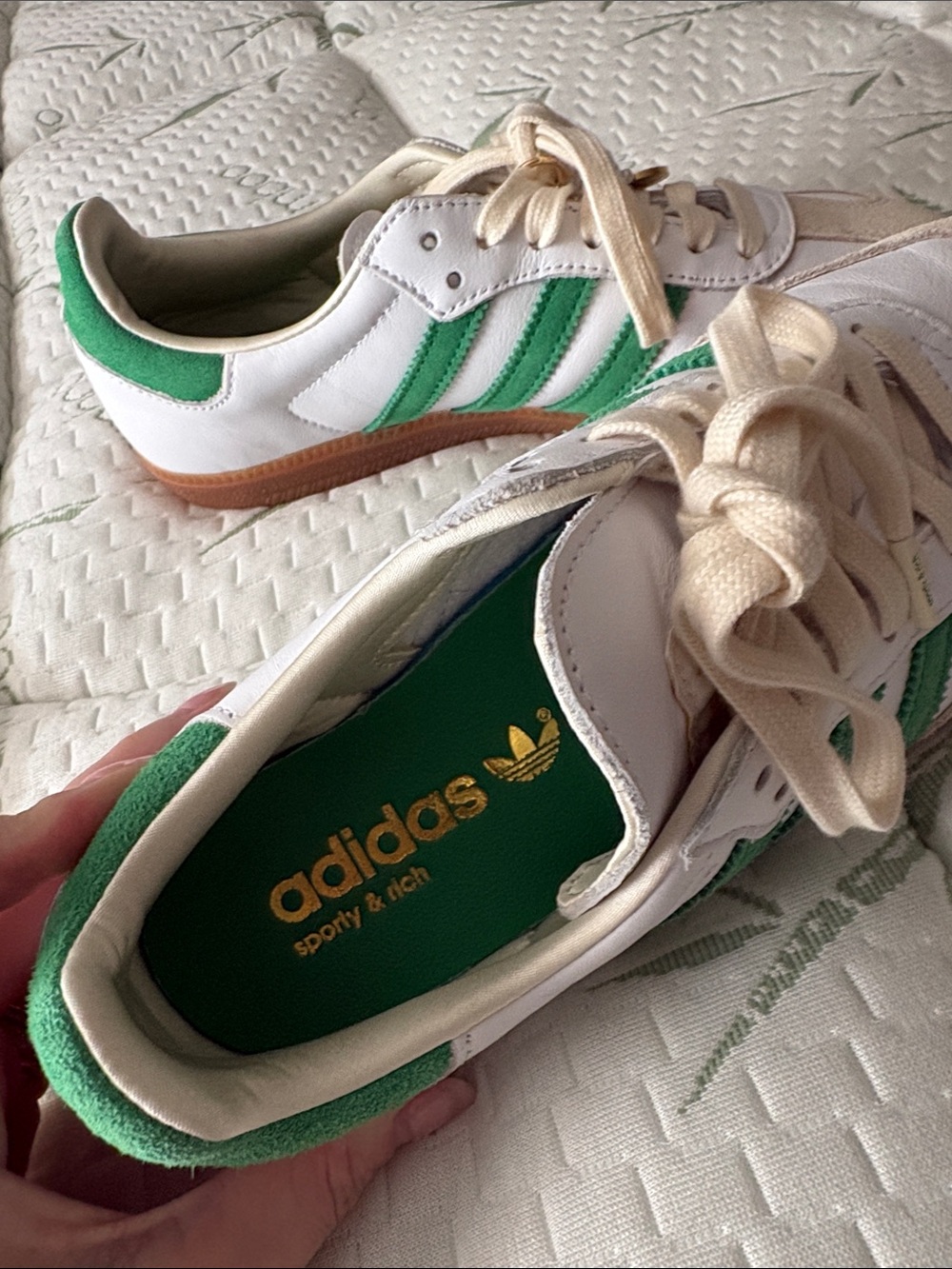 Sporty & Rich Adidas White & Green Retro Trainer with Beige Suede Accents - Picture 3 of 7